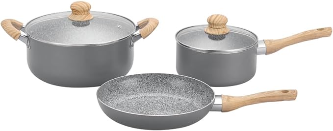 HUDSON Granite Line Cookware Set - Double Layer Non-Stick Coating, 0.07 Inches Thickness, Soft Touch Handles