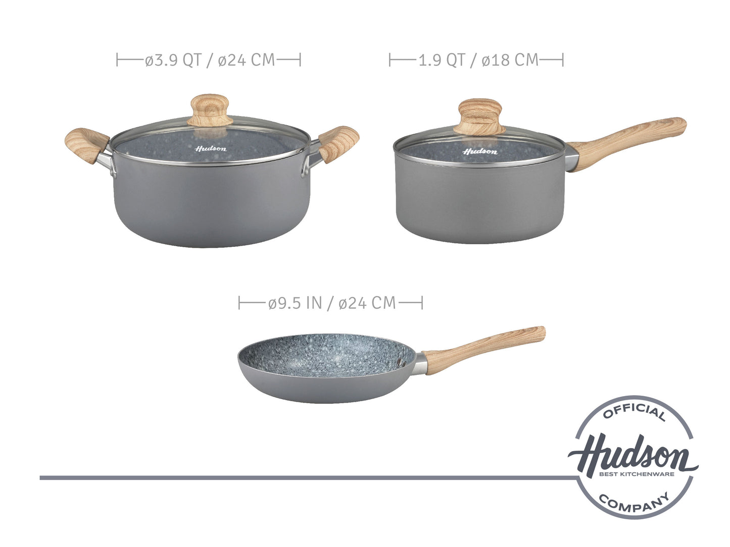 HUDSON Granite Line Cookware Set - Double Layer Non-Stick Coating, 0.07 Inches Thickness, Soft Touch Handles