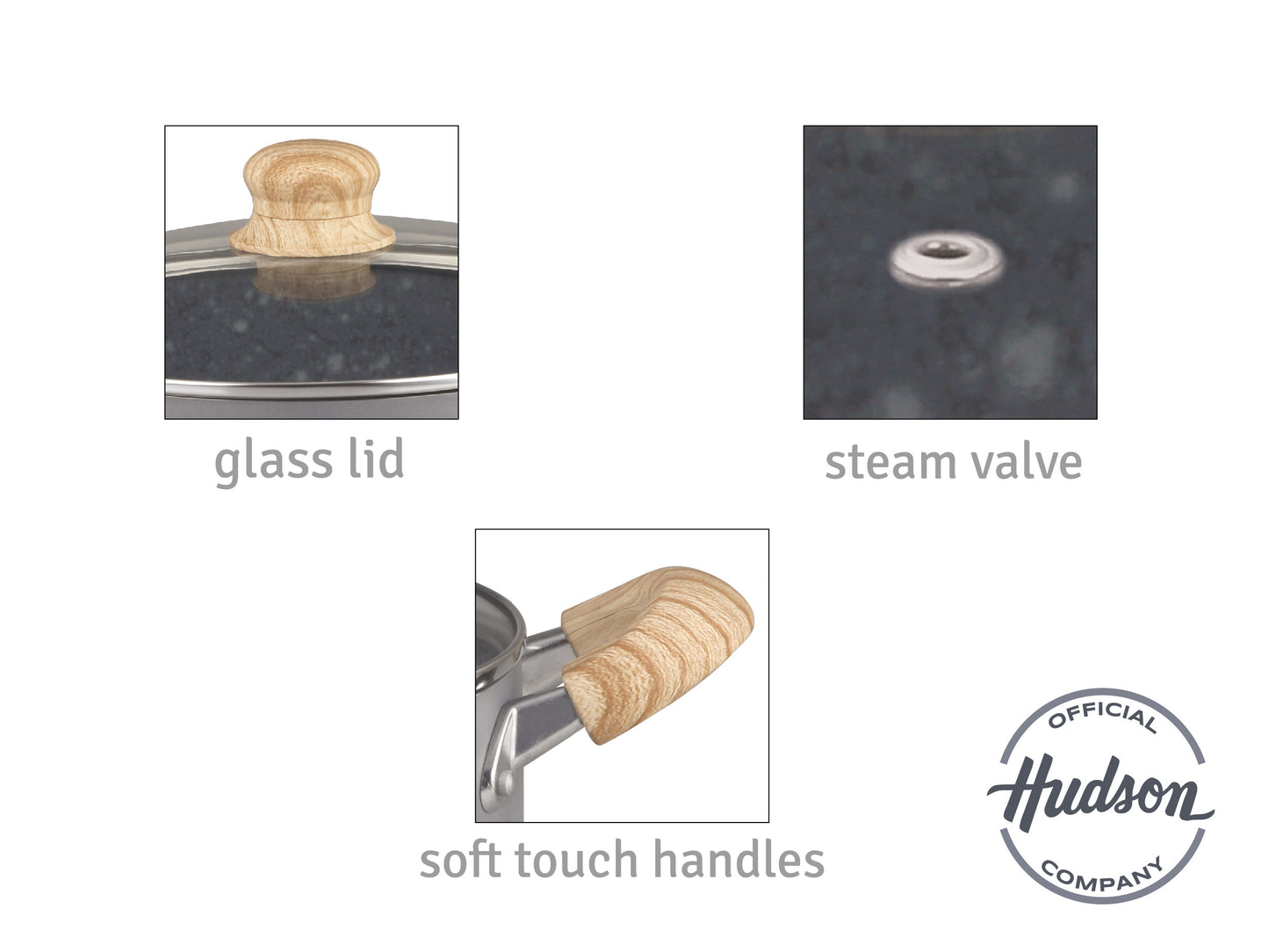 HUDSON Granite Line Cookware Set - Double Layer Non-Stick Coating, 0.07 Inches Thickness, Soft Touch Handles