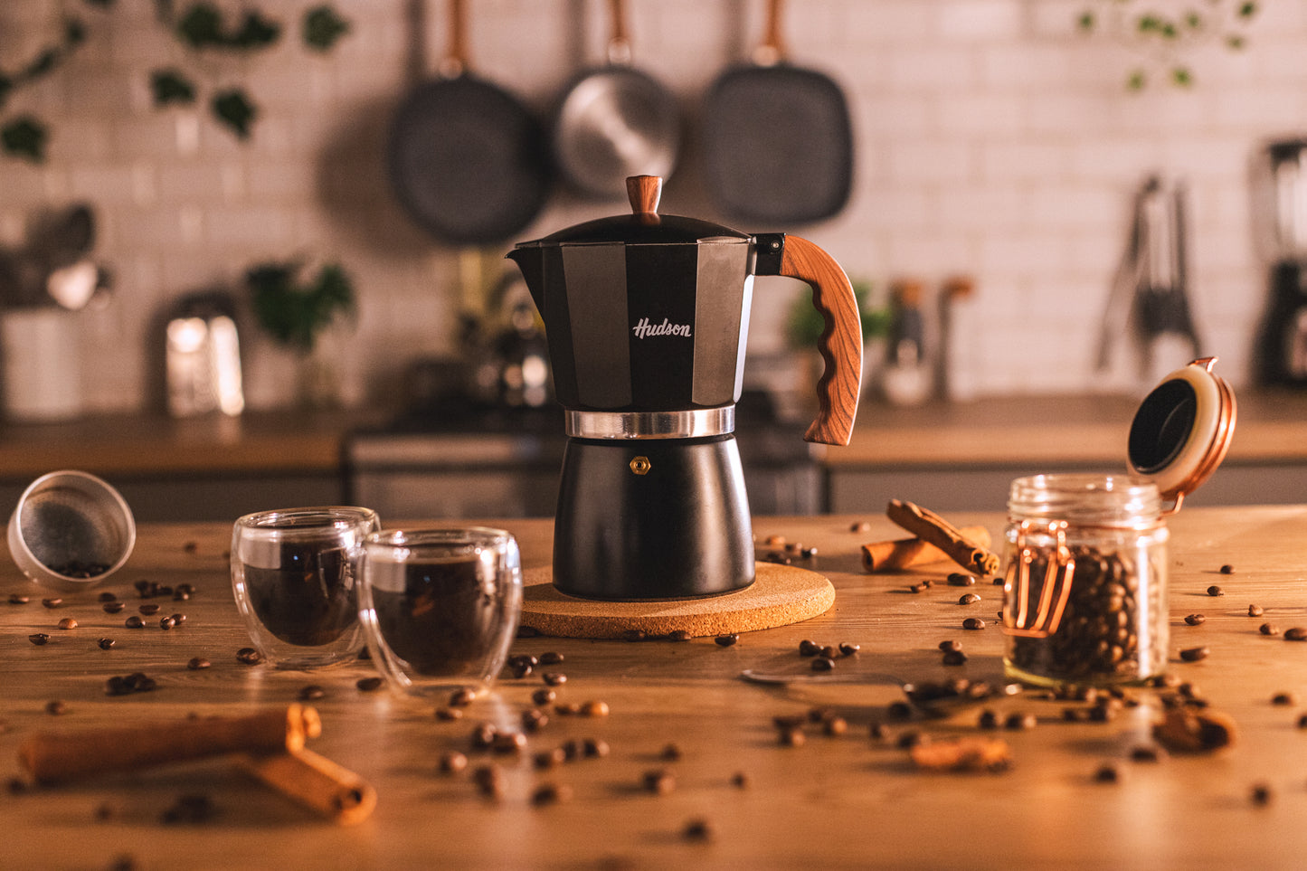 HUDSON Classic Stovetop Espresso Maker Italian Style 6 Cups Black