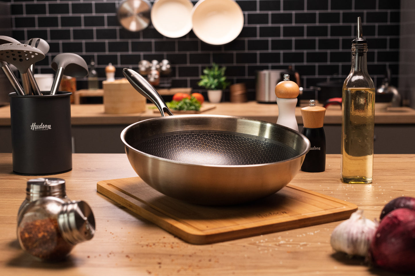 HUDSON Stainless Steel Wok with Ultra-Durable Non-Stick Coating - Induction and Oven Safe