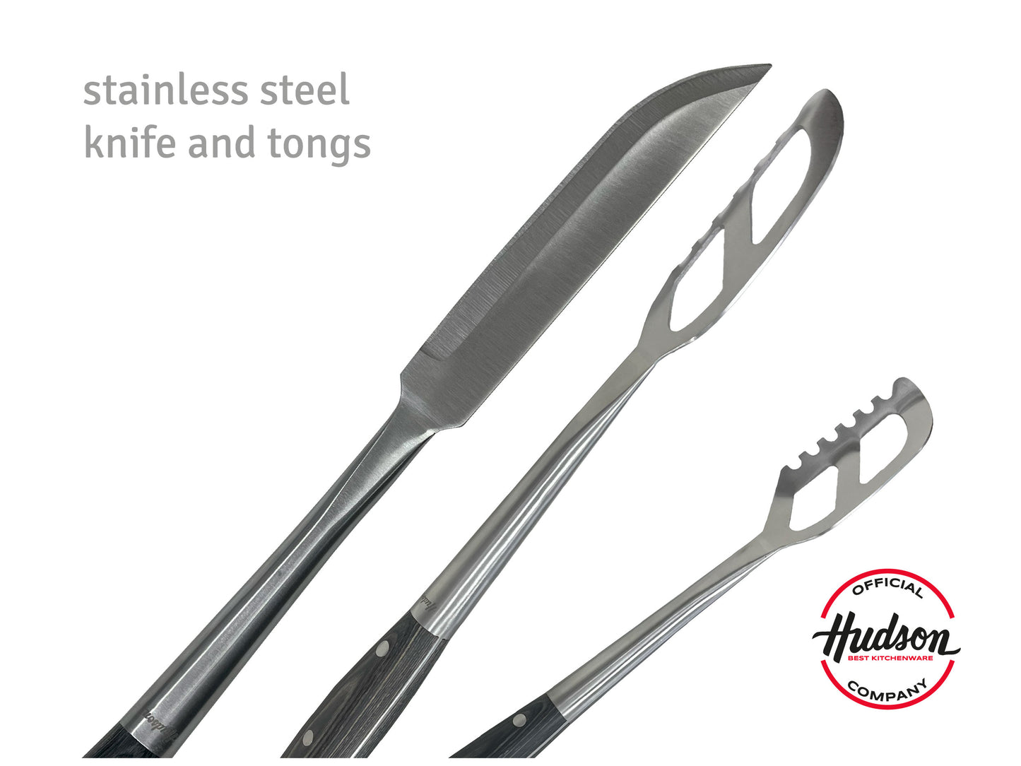 Grill Set of 4 - Fork, Knife, Spatula, Kitchen Tongs with Hanging Ring