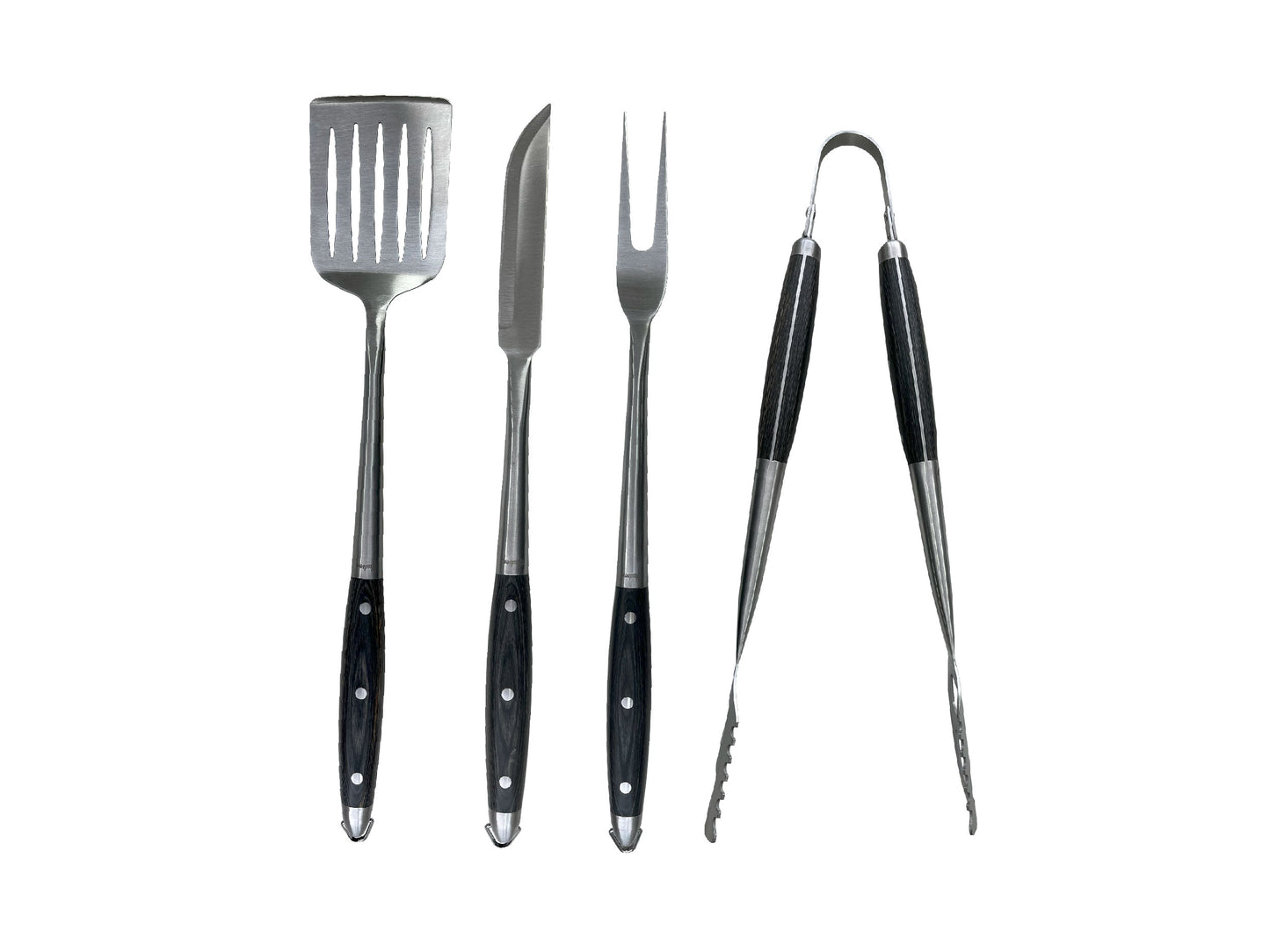 Grill Set of 4 - Fork, Knife, Spatula, Kitchen Tongs with Hanging Ring